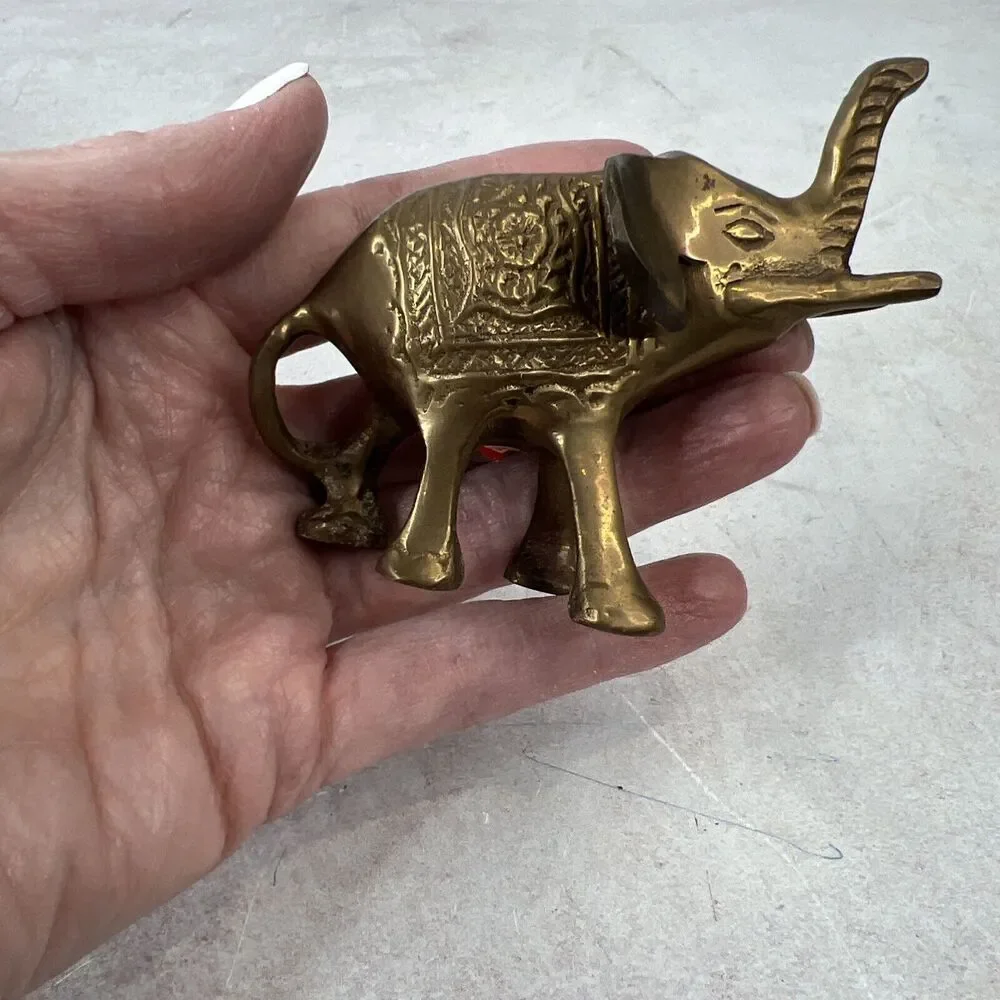 Vintage Small Solid Brass Elephant Raised Trunk Embossed Ornate‎ MCM Figurine
